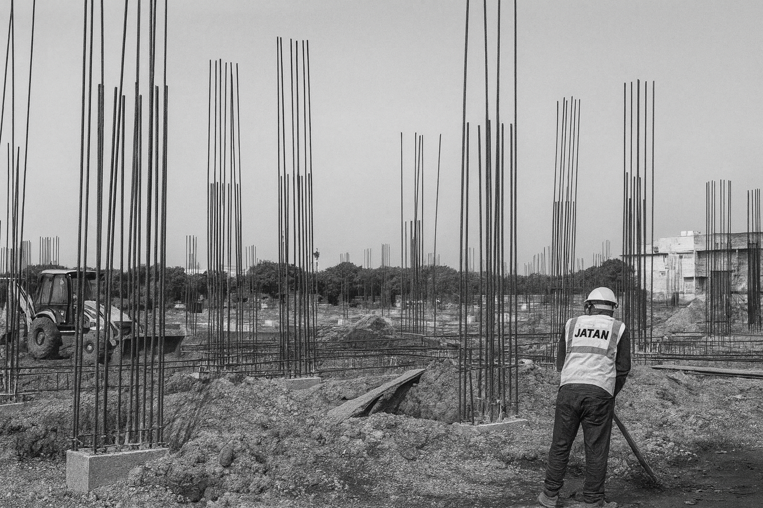 Construction site worker handling rebar